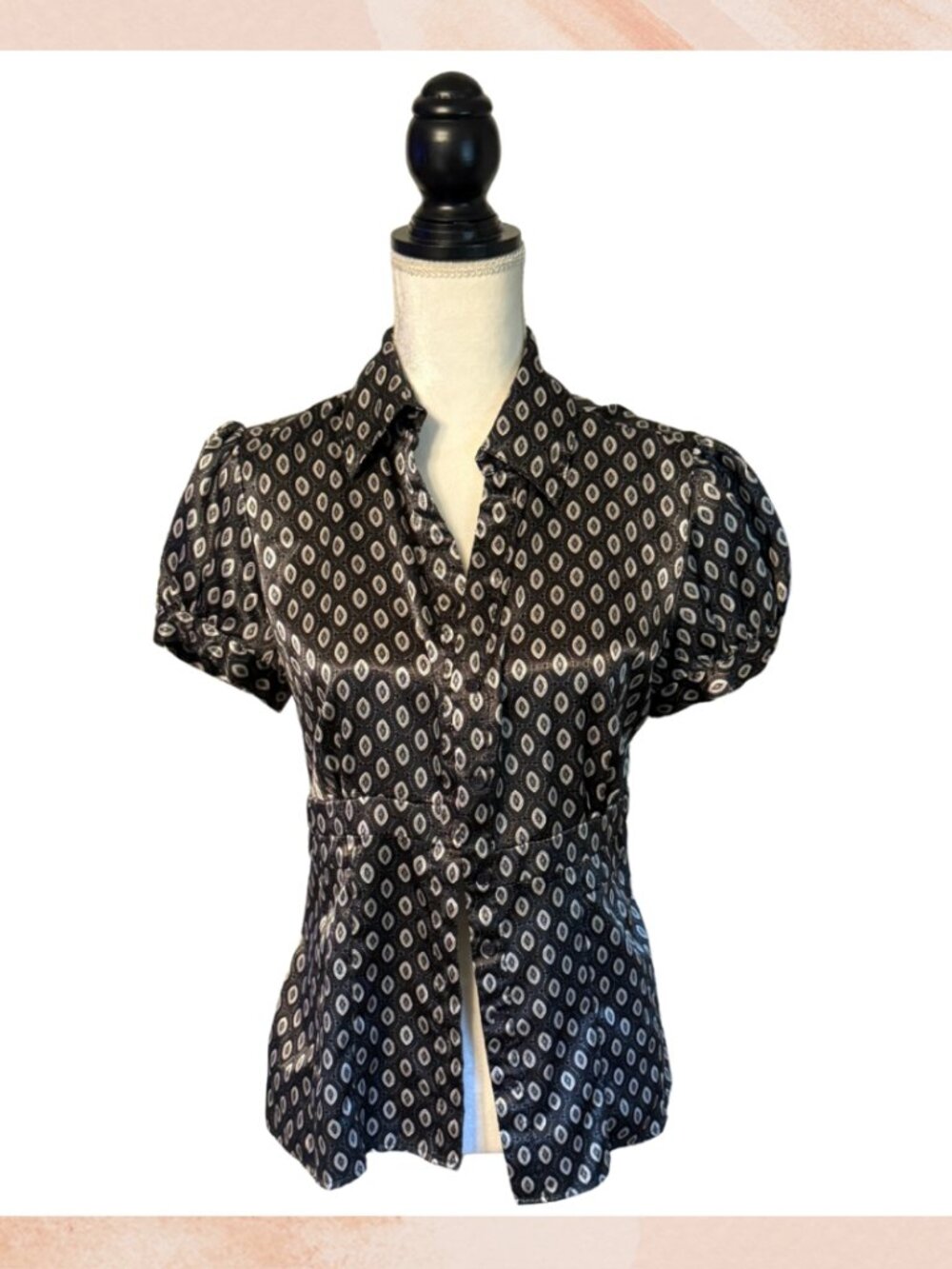 Apt 9 Satin Geometric Dark Charcoal Puff Short Sleeve Button-Up Blouse